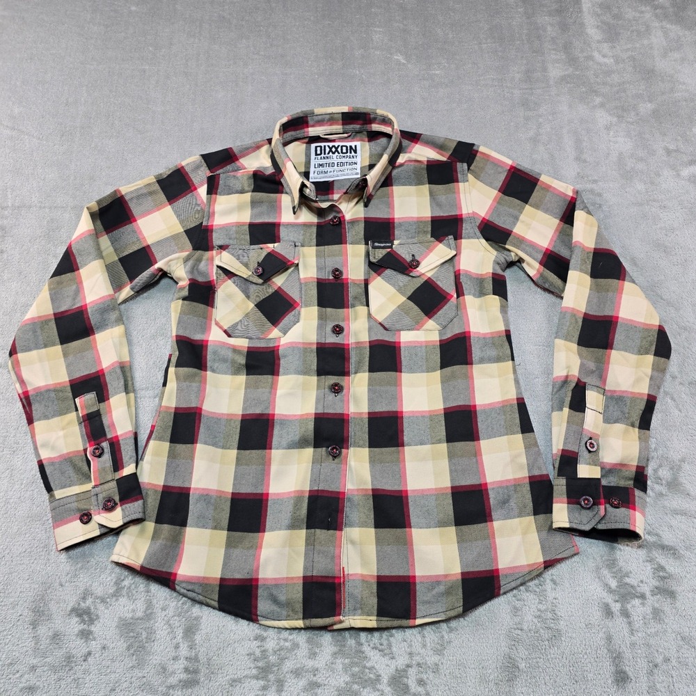 Dixxon Flannel Snap-On‎ Limited Edition Mens M Tan Black Red Plaid D-Tech Shirt